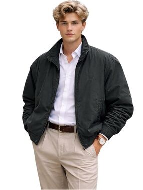 Longchamp Vintage Harrington Bomber Jacket Cotton Green 48 Zip Pockets Minimal